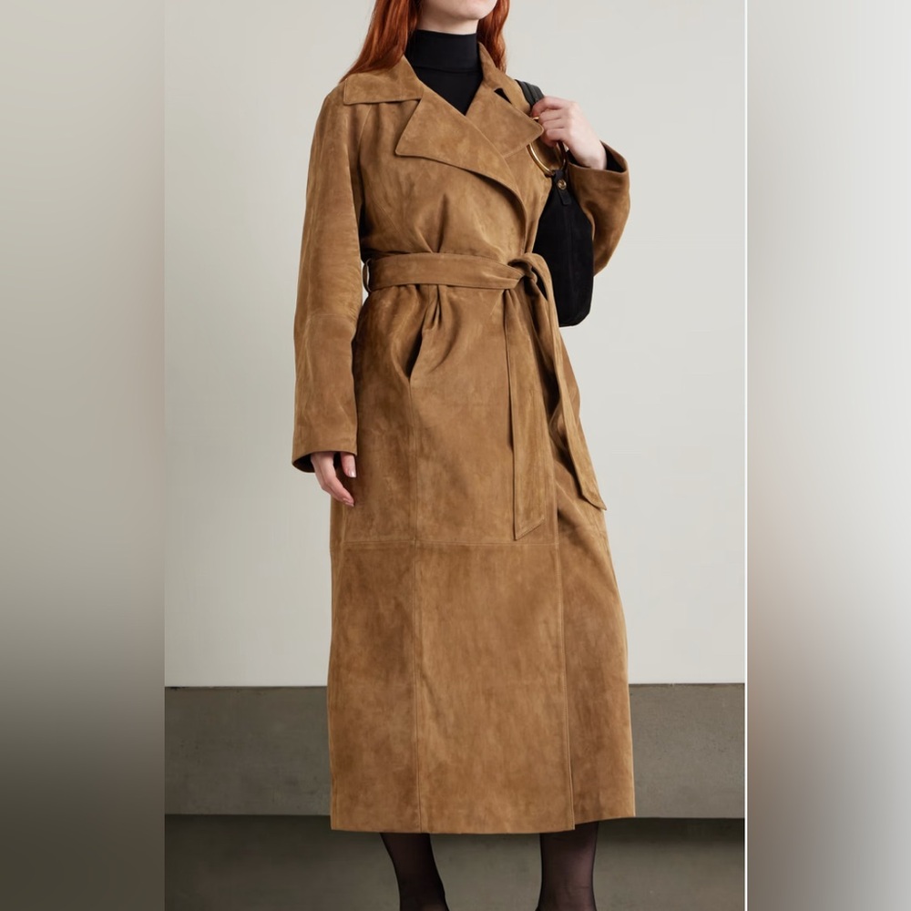 Frame Denim Brown Suede Belted Midi Coat. Size Small.